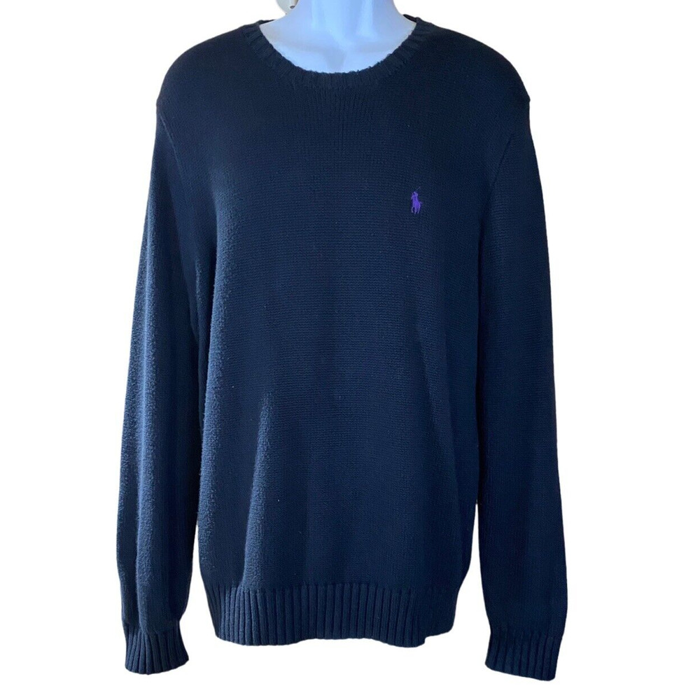 Polo Ralph Lauren Mens XL Sweater Navy Blue Pullover Crew Neck Purple Logo